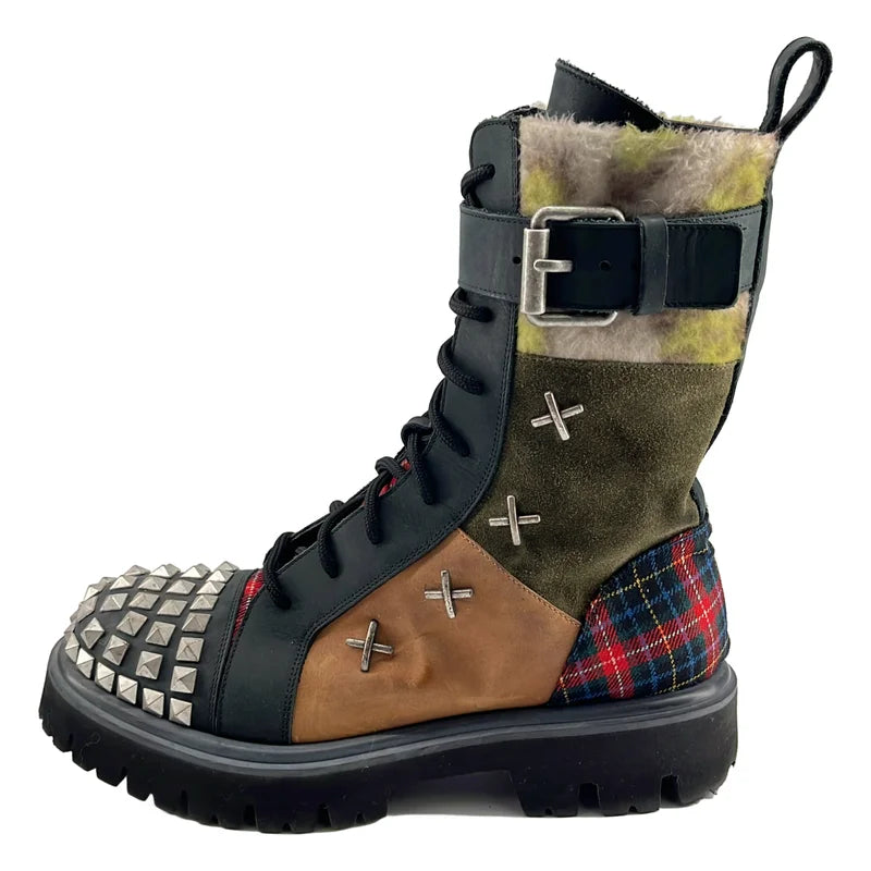 MOSCHINO / モスキーノ | スタッズ 異素材切替 レースアップ ブーツ | 42 | メンズ