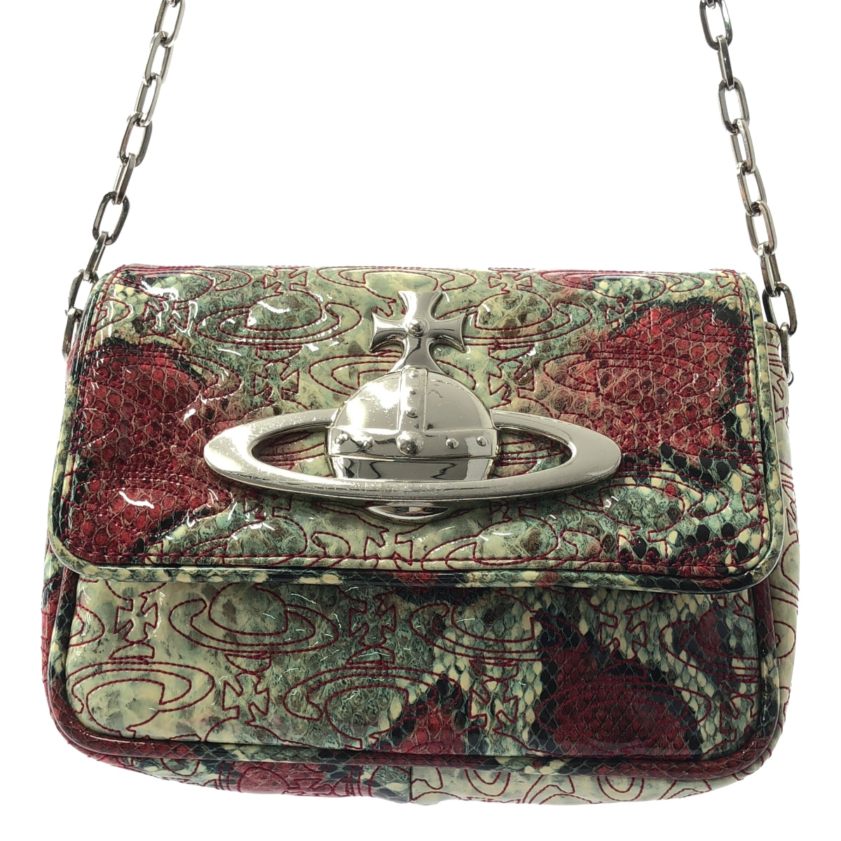 Vivienne Westwood / ヴィヴィアンウエストウッド | オーブ パテントレザー パイソン柄 ショルダーバッグ | ベージュ/グリーン/レッド | レディース