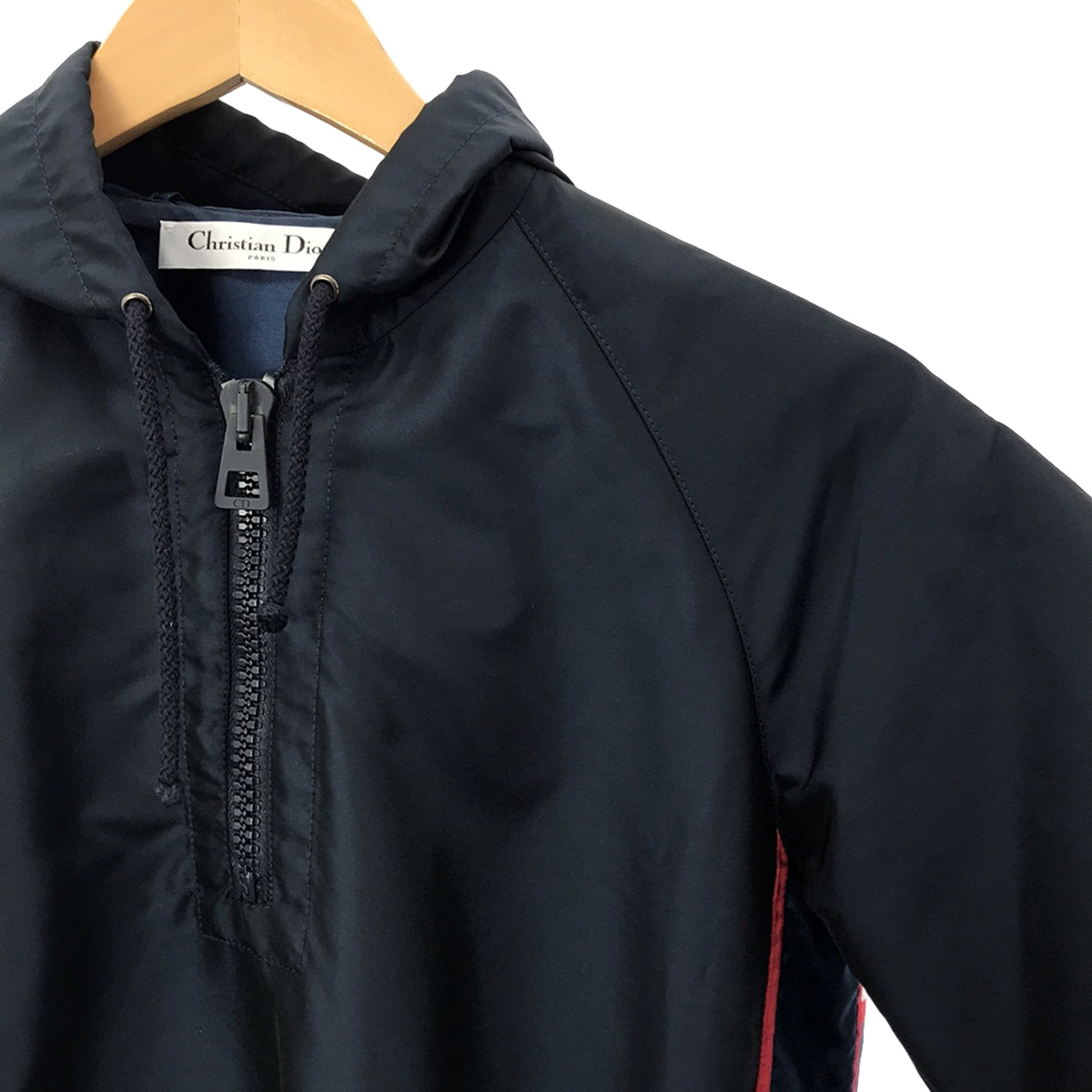【美品】  Christian Dior / クリスチャンディオール | バックロゴ ハーフジップ フーデッドワンピース | 34 | ネイビー/レッド/シルバー | レディース