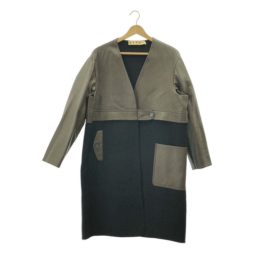MARNI / マルニ | レザー ウール  ノーカラー コート | 40 | ブラウン/ブラック | レディース