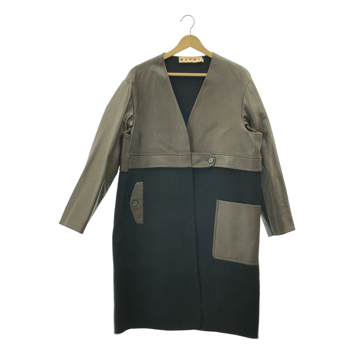 MARNI / マルニ | レザー ウール  ノーカラー コート | 40 | ブラウン/ブラック | レディース