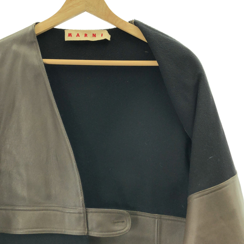 MARNI / マルニ | レザー ウール  ノーカラー コート | 40 | ブラウン/ブラック | レディース