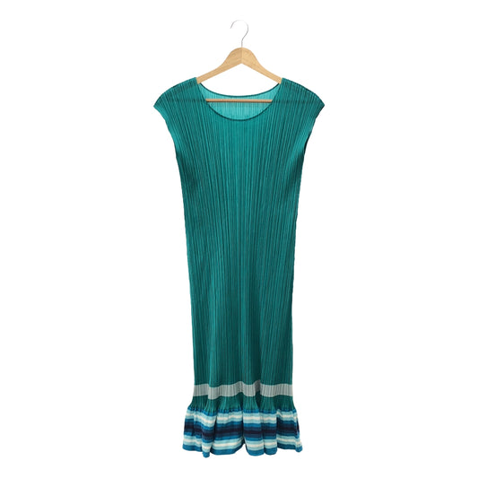 PLEATS PLEASE ISSEY MIYAKE | Flared border sleeveless dress | 2 | Enamel green/blue/white | Women's