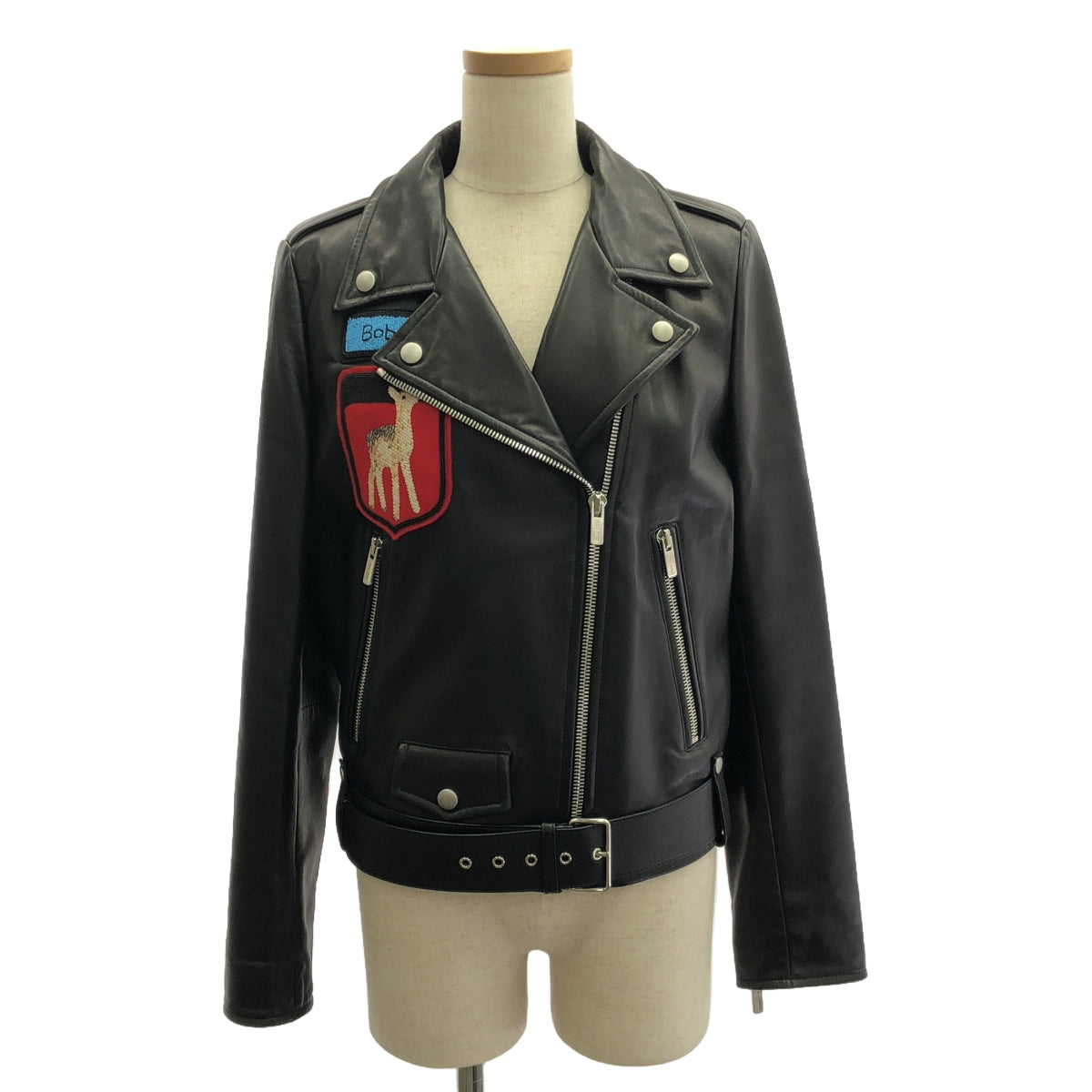 【美品】  miu miu / ミュウミュウ | Leather jacket / ラムレザー ベルテッド ダブルライダース ジャケット | 42 | ブラック | レディース