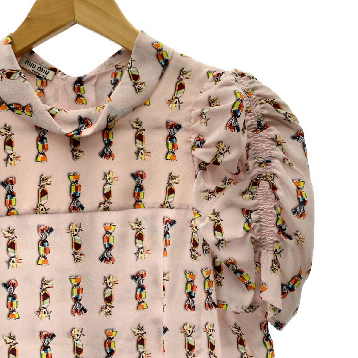 miu miu / 뮤 뮤 | 실크 캔디 프린트 개더 슬리브 셔츠 | 38 | 여성