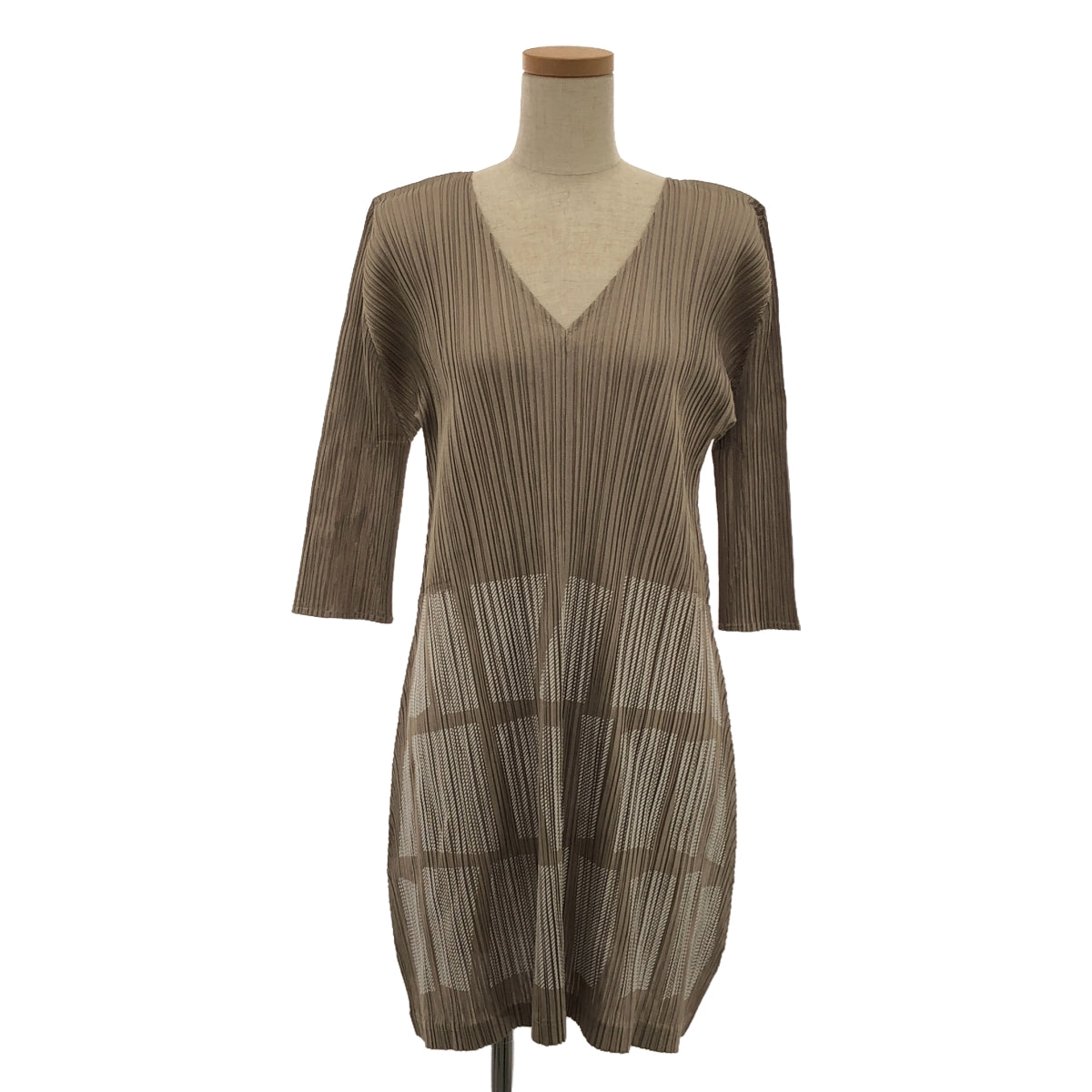 [Good Condition] PLEATS PLEASE ISSEY MIYAKE | V-neck A-line dress | Size 3 | Khaki | Women's