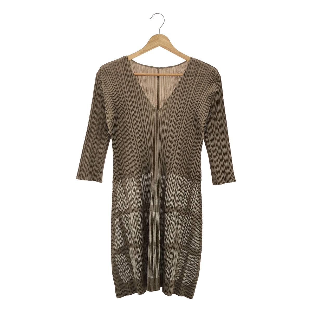 [Good Condition] PLEATS PLEASE ISSEY MIYAKE | V-neck A-line dress | Size 3 | Khaki | Women's