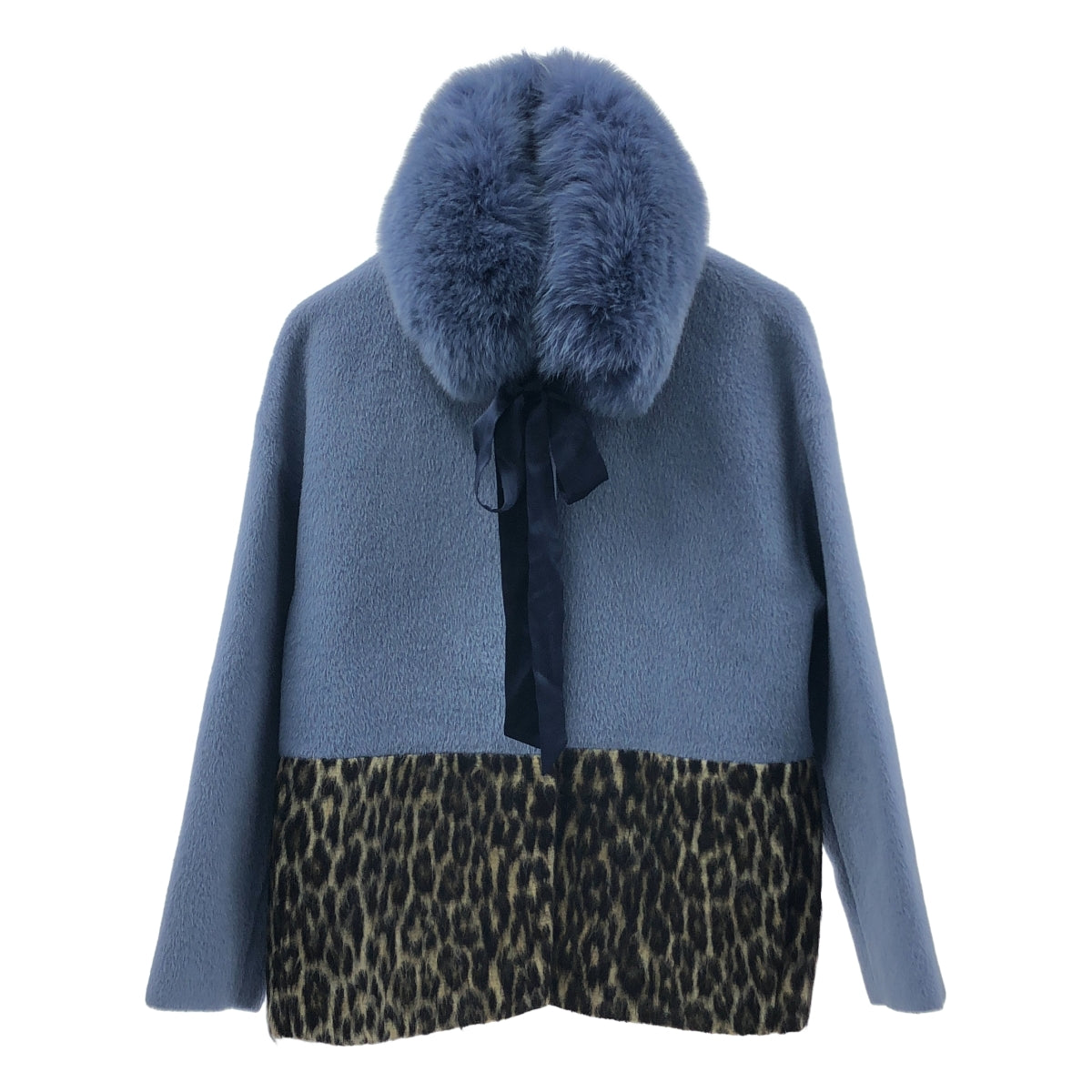 抽屜 | 女士豹紋無領短外套，帶毛領細節 | 全襯裡 | 藍色/棕色