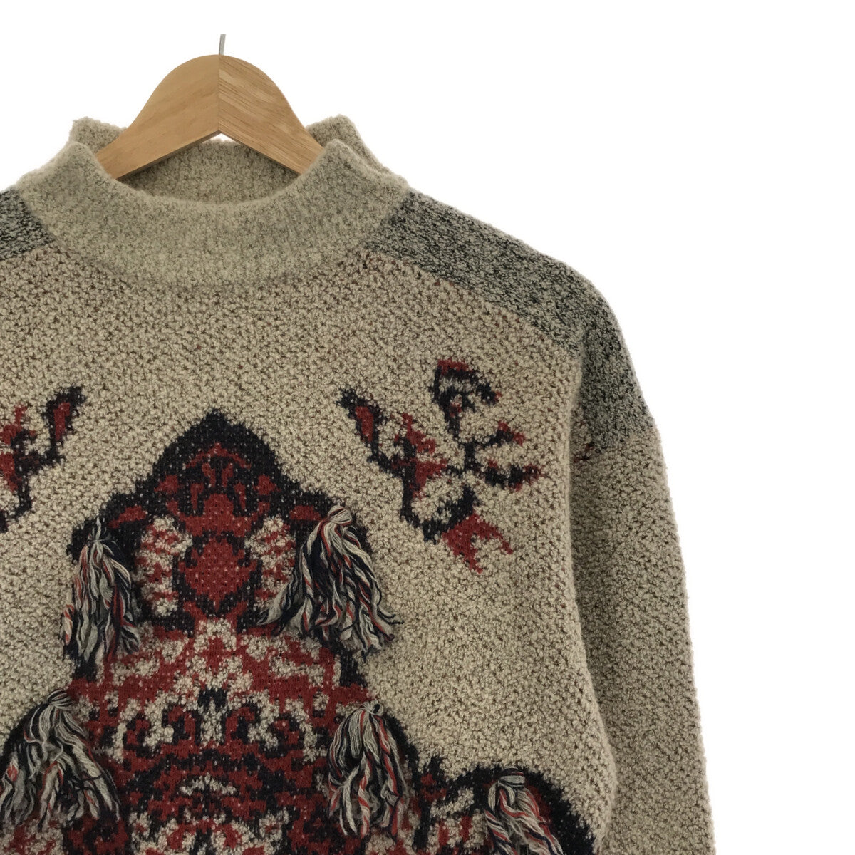 TOGA PULLA / トーガプルラ | Rug jacquard knit pullover ラグ ジャガード フリンジ ニット プルオーバー | 36 | グレージュ/レッド | レディース