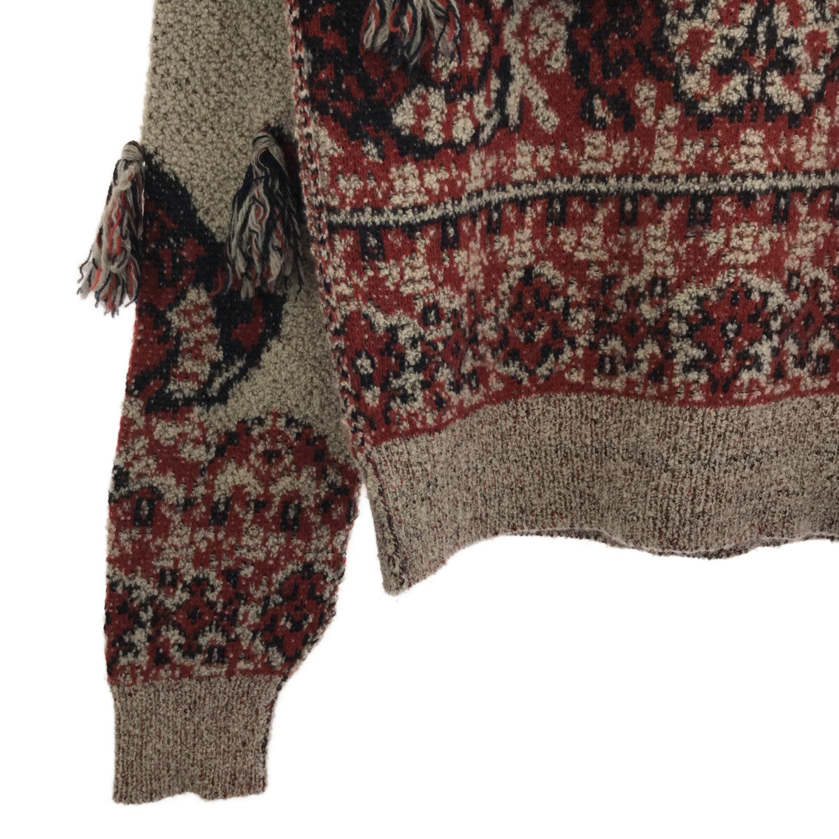 TOGA PULLA / トーガプルラ | Rug jacquard knit pullover ラグ ジャガード フリンジ ニット プルオーバー | 36 | グレージュ/レッド | レディース