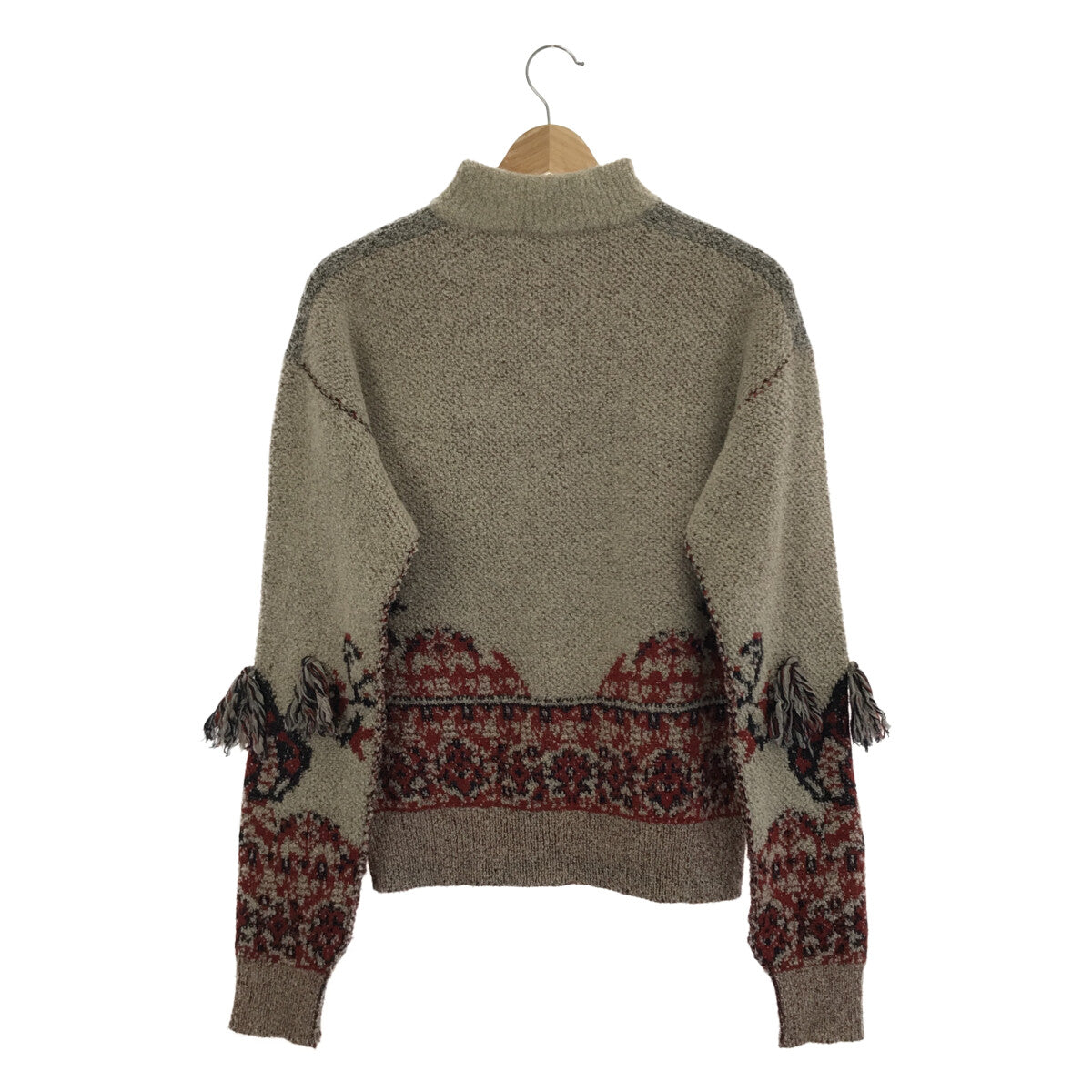 TOGA PULLA / トーガプルラ | Rug jacquard knit pullover ラグ ジャガード フリンジ ニット プルオーバー | 36 | グレージュ/レッド | レディース