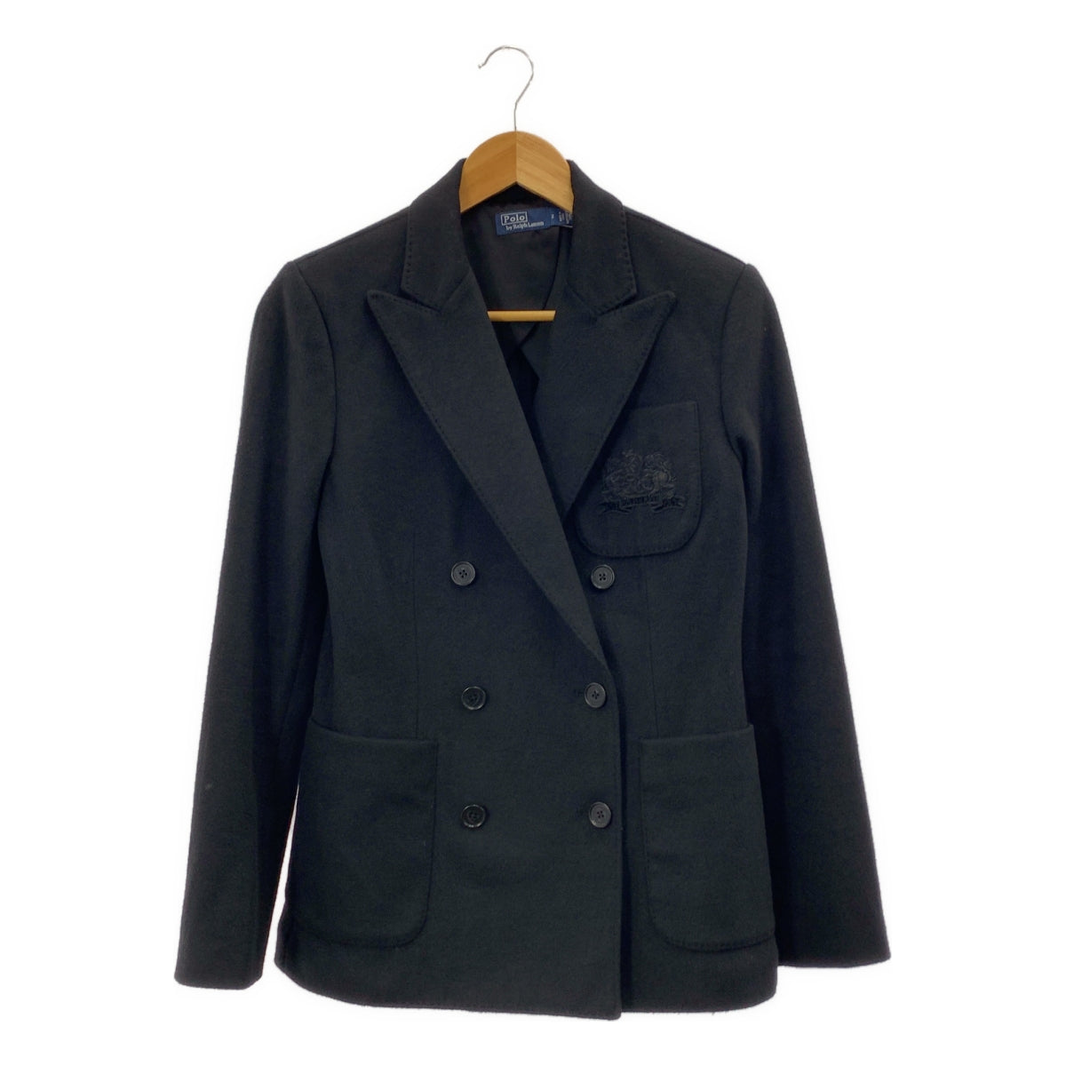 【美品】  POLO RALPH LAUREN / ポロラルフローレン | Logo Crest Brushed Blazer / 装飾 ロゴクレスト ブラッシュド ダブルブレスト ブレザー ジャケット | 2 | ブラック | レディース