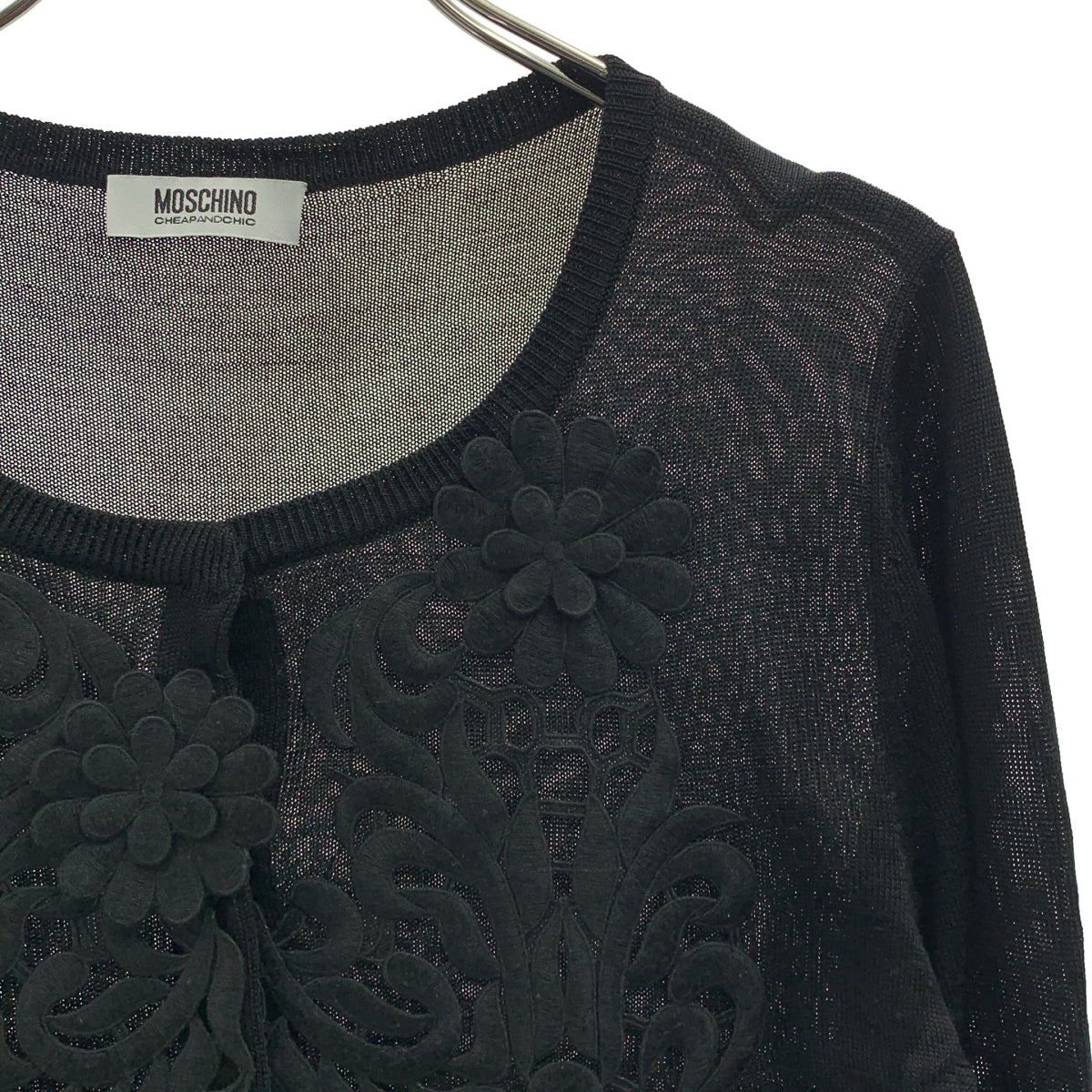 MOSCHINO / モスキーノ | シルク混 フラワー装飾 クルーネック ニット カーディガン |