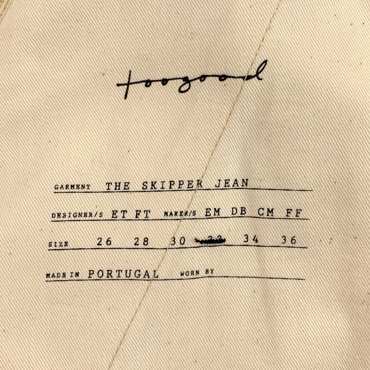 【成色極佳】TOOGOOD | THE SKIPPER JEAN 寬腿牛仔褲 | 尺寸 32 | 原色/天然色 | 男士