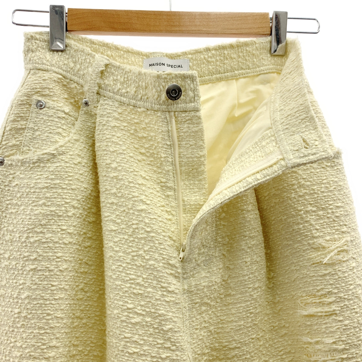 【미품】 Maison Special / 메종 스페셜 | Tweed Distressed Wide Pants / 데미지 가공 트위드 와이드 슬랙스 팬츠 / 안감 포함 | 36 | 아이보리 | 여성
