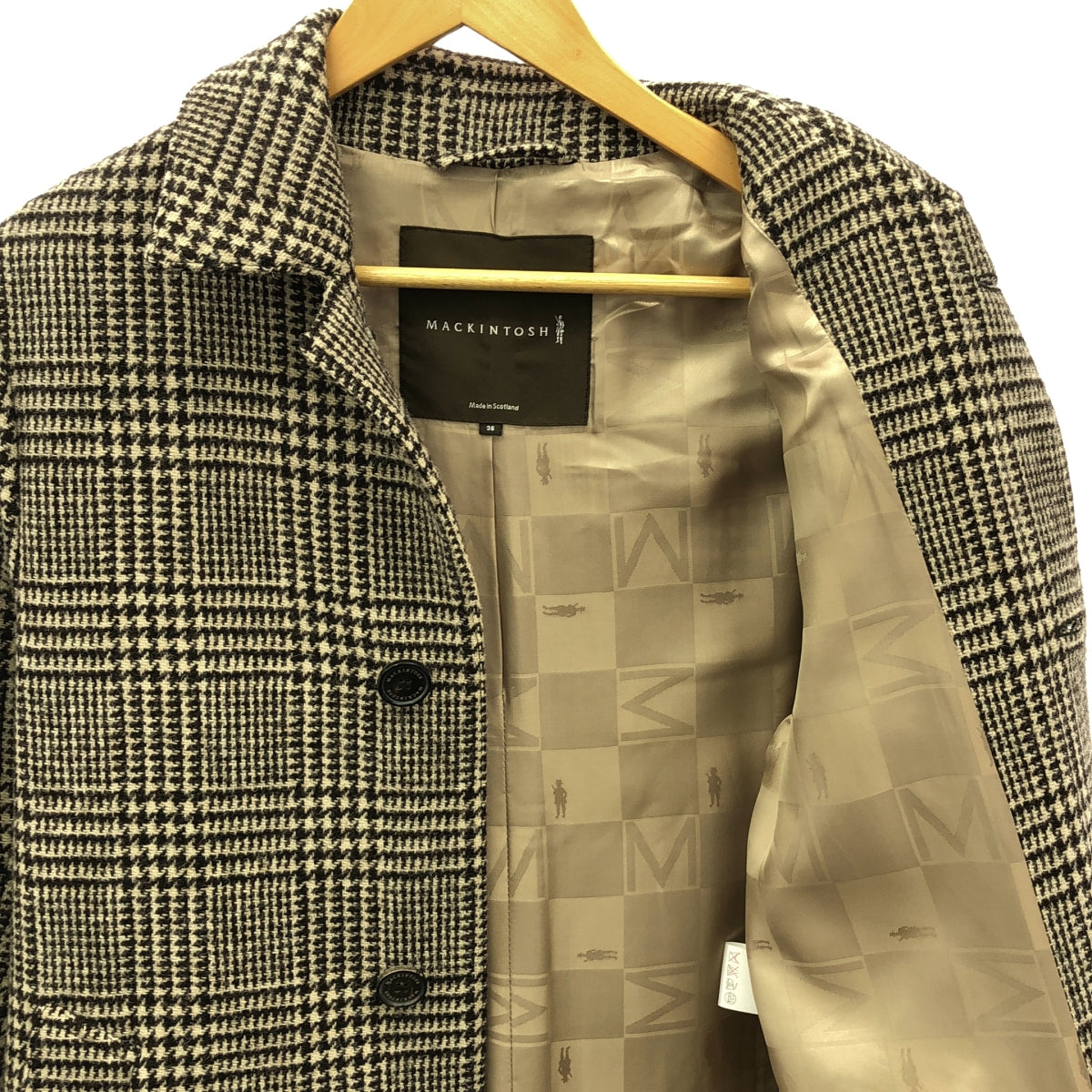 [狀況良好] MACKINTOSH | 羊毛粗花呢下巴帶前開襟大衣 / 全襯裡帶標誌 | 尺寸 36 | 米色/深棕色 | 男款