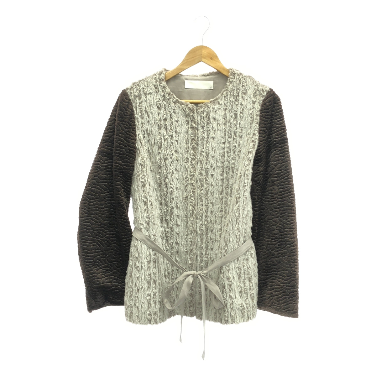 小野智美 | 雙色無領繫帶皮草外套 / 全襯裡 | 灰色/深棕色 | 女款