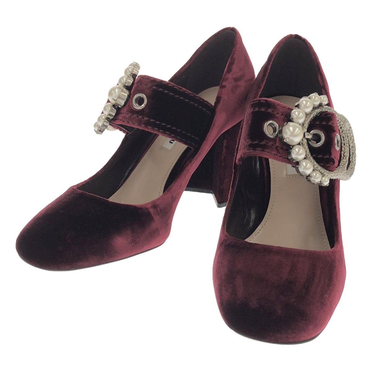 [狀況良好] miu miu / Miu Miu |瑪麗珍天鵝絨珍珠扣高跟鞋 | 37 |波爾多 |女性的