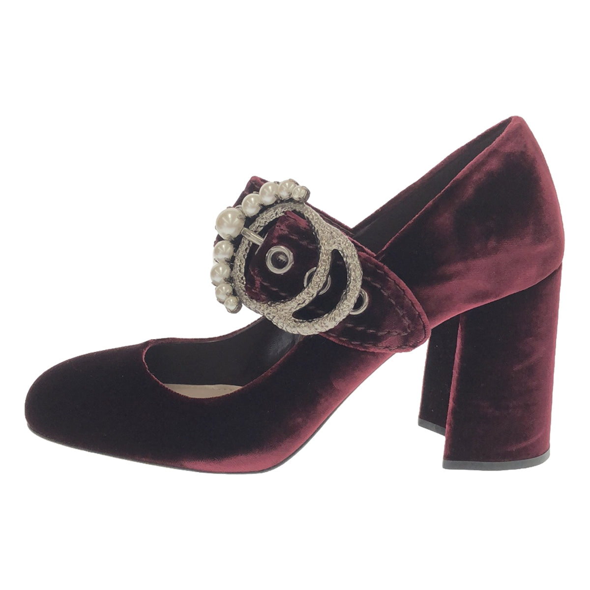 [狀況良好] miu miu / Miu Miu |瑪麗珍天鵝絨珍珠扣高跟鞋 | 37 |波爾多 |女性的