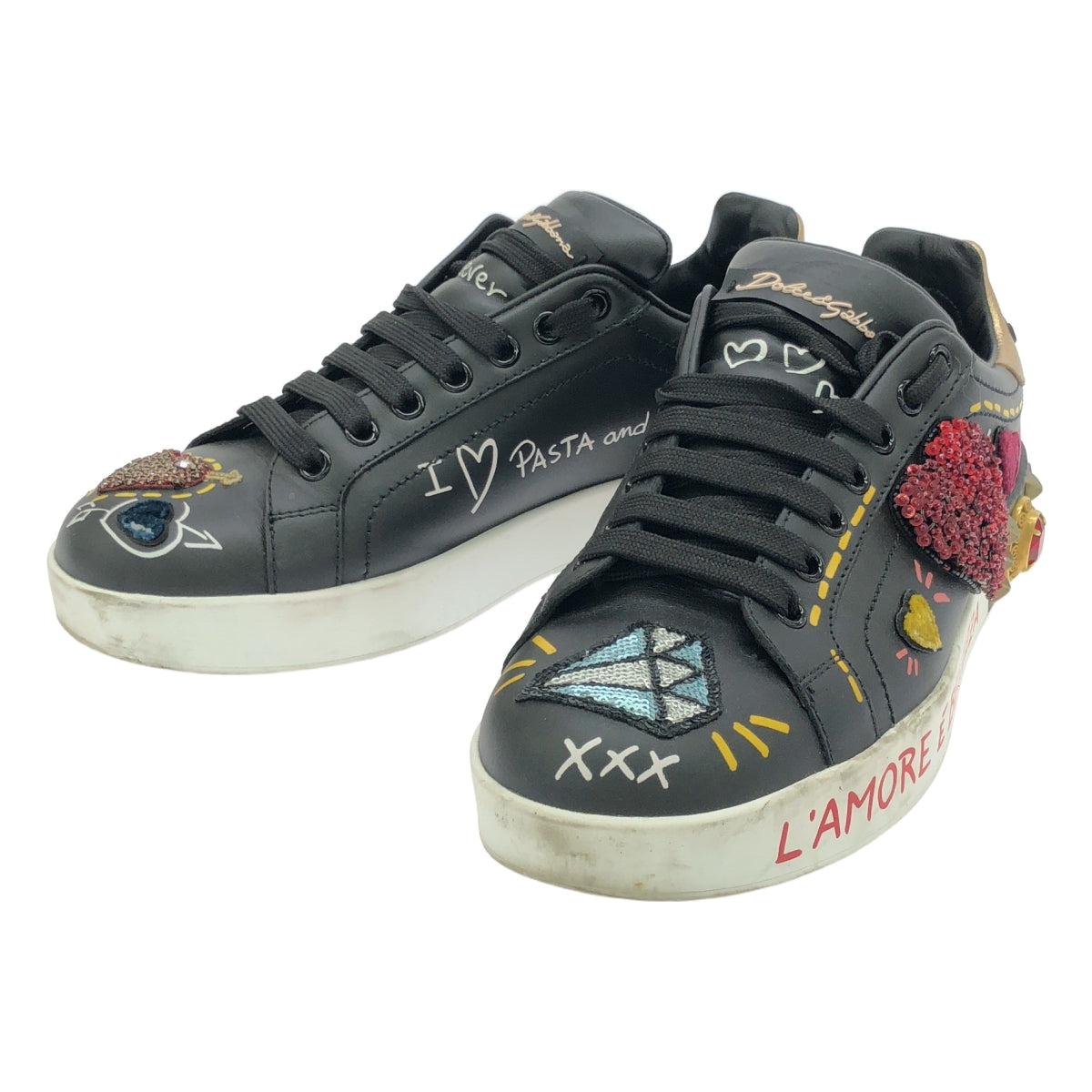 杜嘉班納 (DOLCE &amp; GABBANA) / 杜嘉班納 (Dolce &amp; Gabbana) PORTOFINO / 納帕小牛皮貼片和貼花運動鞋 | 37 1/2 |黑色 |女性的