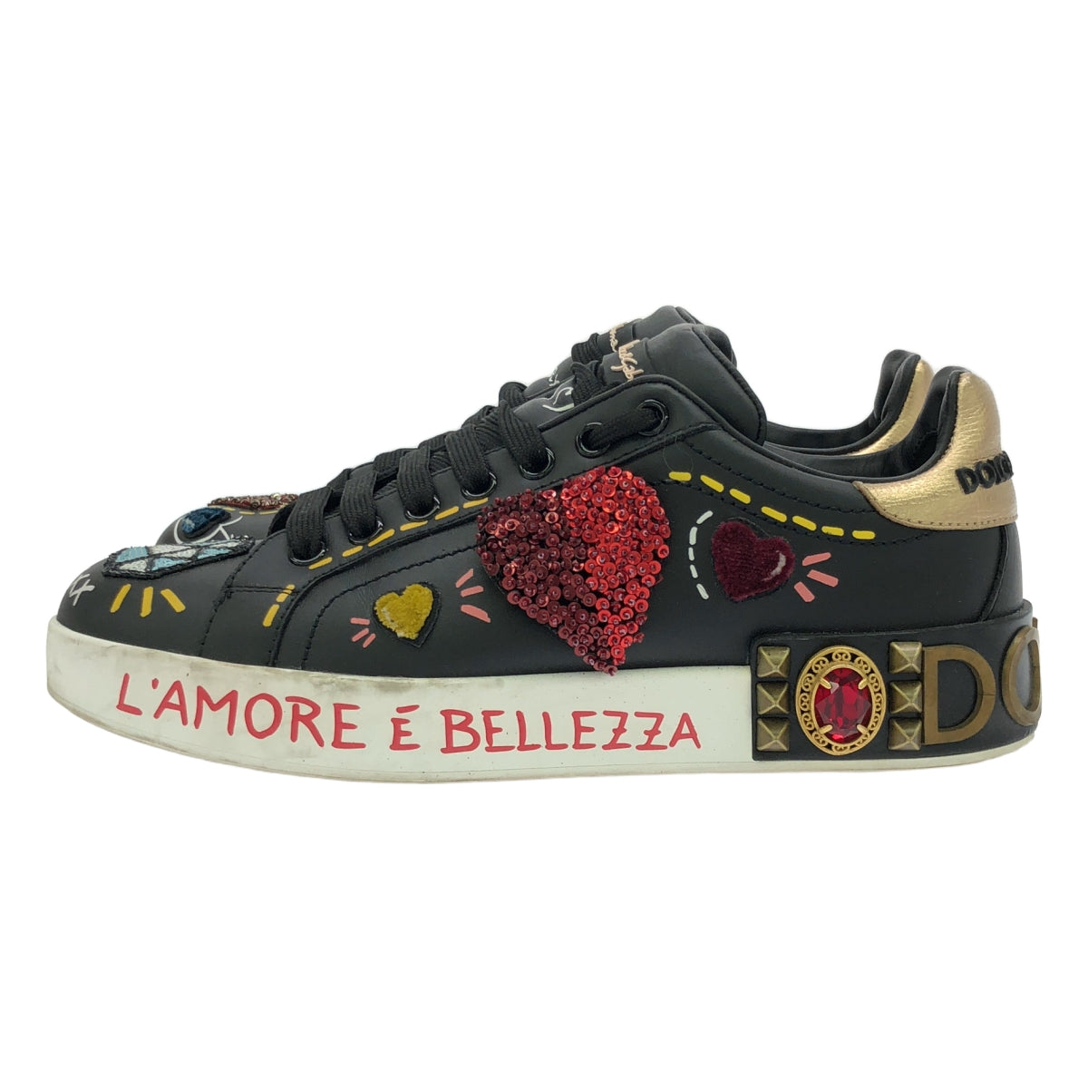 DOLCE &amp; GABBANA / Dolce &amp; Gabbana Dolgaba | PORTOFINO / Nappa calfskin patch and applique sneakers | 37 1/2 | Women's