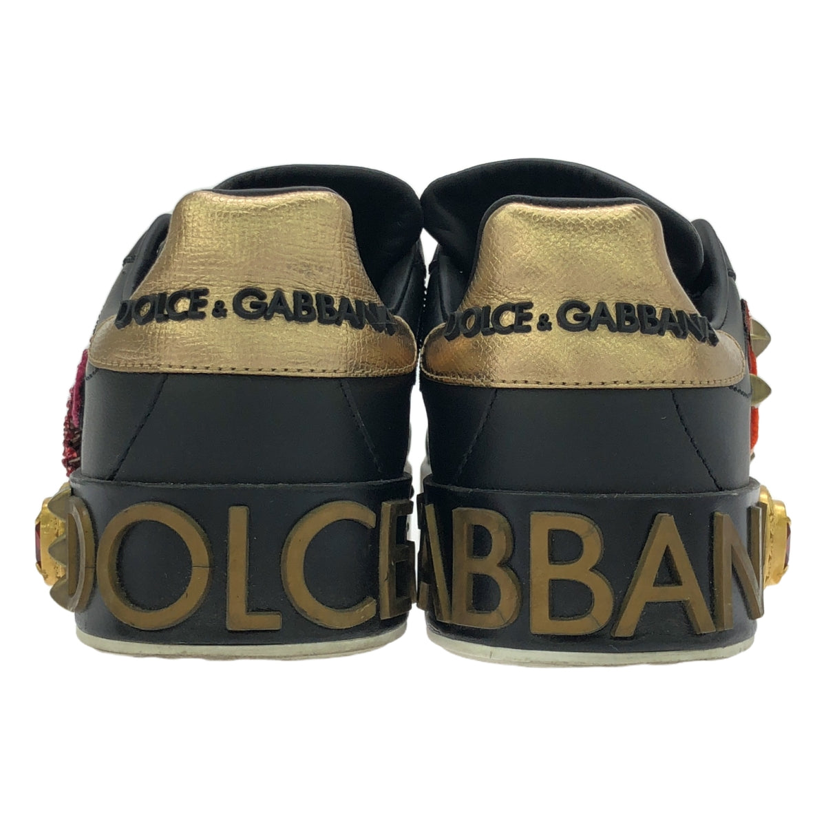 杜嘉班納 (DOLCE &amp; GABBANA) / 杜嘉班納 (Dolce &amp; Gabbana) PORTOFINO / 納帕小牛皮貼片和貼花運動鞋 | 37 1/2 |黑色 |女性的