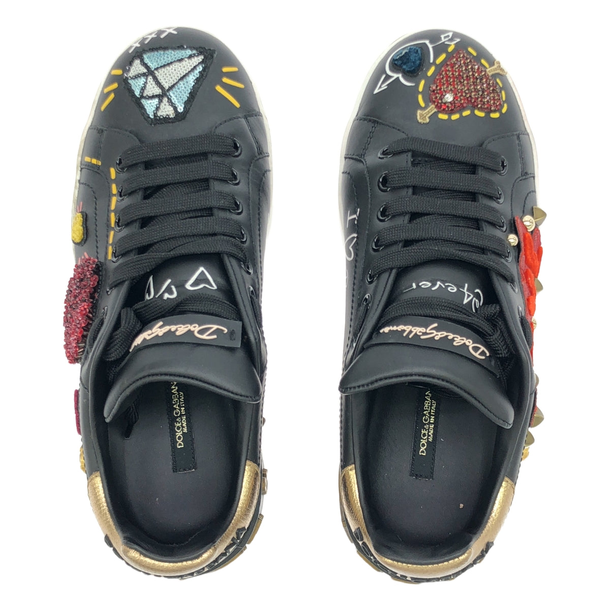 杜嘉班納 (DOLCE &amp; GABBANA) / 杜嘉班納 (Dolce &amp; Gabbana) PORTOFINO / 納帕小牛皮貼片和貼花運動鞋 | 37 1/2 |黑色 |女性的