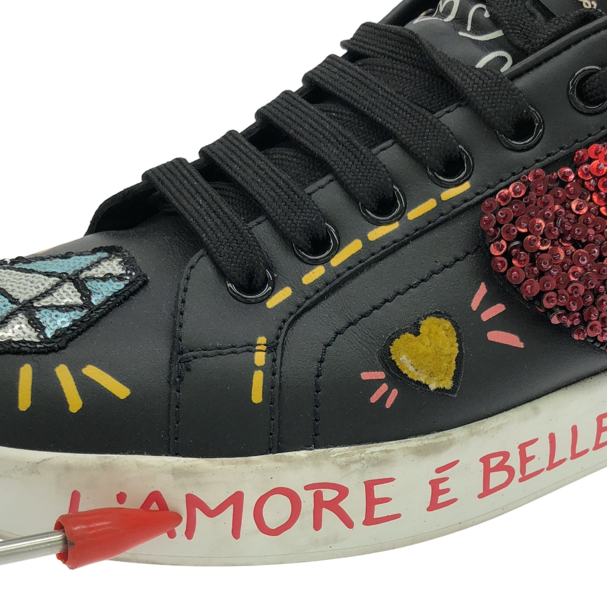 DOLCE＆GABBANA / ドルチェ＆ガッバーナドルガバ | PORTOFINO / ナッパカーフスキン パッチ＆アップリケ スニーカー | 37 1/2 | ブラック | レディース