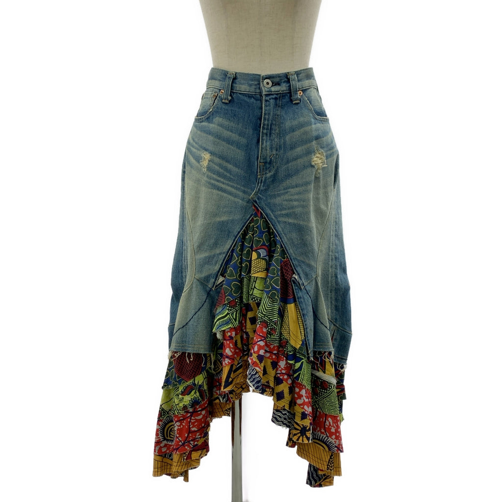 JUNYA WATANABE COMME des GARCONS / 준야 와타나베 | 2009SS | 데미지 가공 변형 도킹 가죽 패치 데님 볼륨 스커트 | XS |