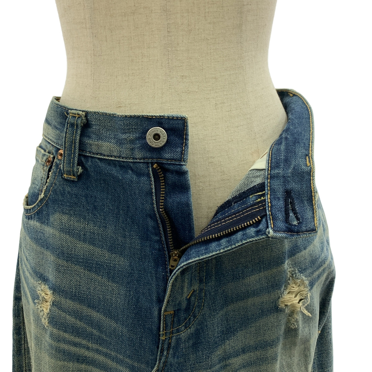 JUNYA WATANABE COMME des GARCONS / 준야 와타나베 | 2009SS | 데미지 가공 변형 도킹 가죽 패치 데님 볼륨 스커트 | XS |