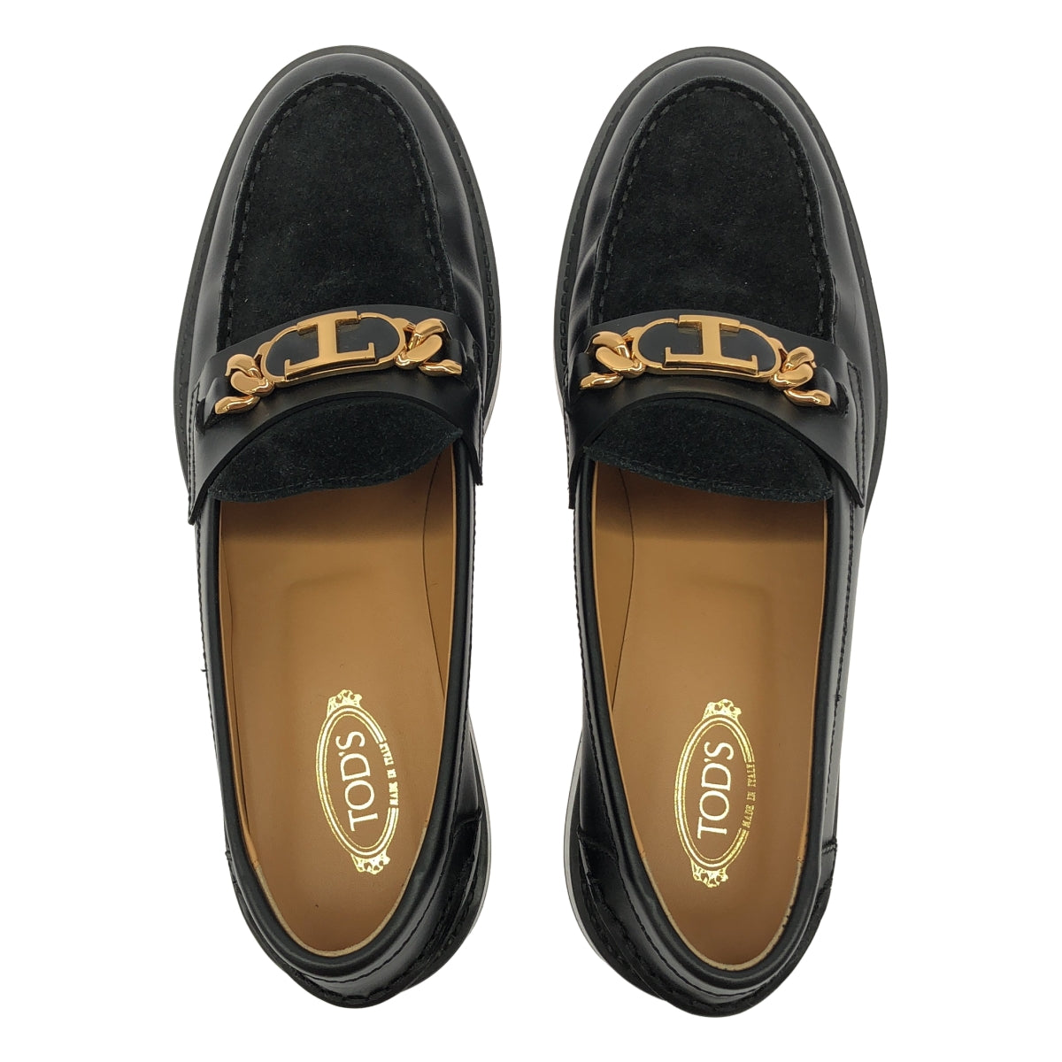 【미품】 TOD 'S / 토즈 | GOMMA BASSO T 체인 가죽 로파 | 39 | 블랙 / 골드 | 남성