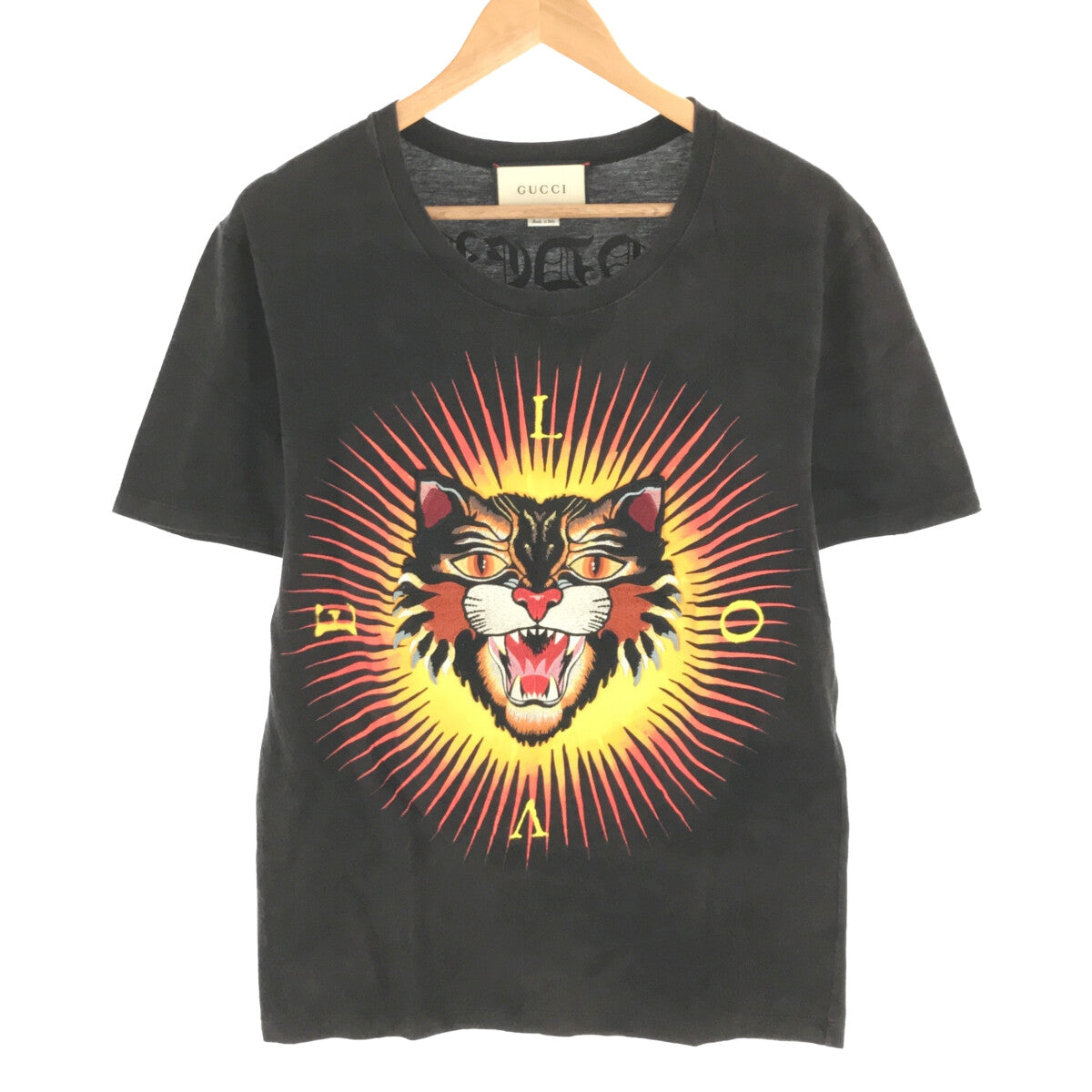 GUCCI | 2017AW | Made in Italy Angry Cat Embroidered Double-Sided Print Vintage T-Shirt | S | Black | Men's