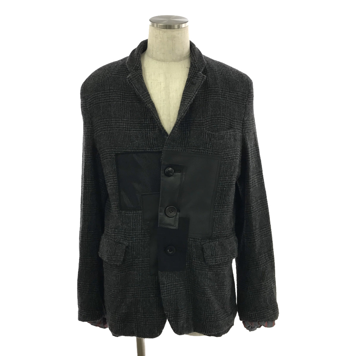 [品相良好] JUNYAWATANABE COMME des GARCONS MAN / Junya Watanabe Man | 2023秋冬 |羊毛縮水混合材質切換肘部補丁單排扣夾克 / 全襯裡 | M |灰色/黑色 |男士