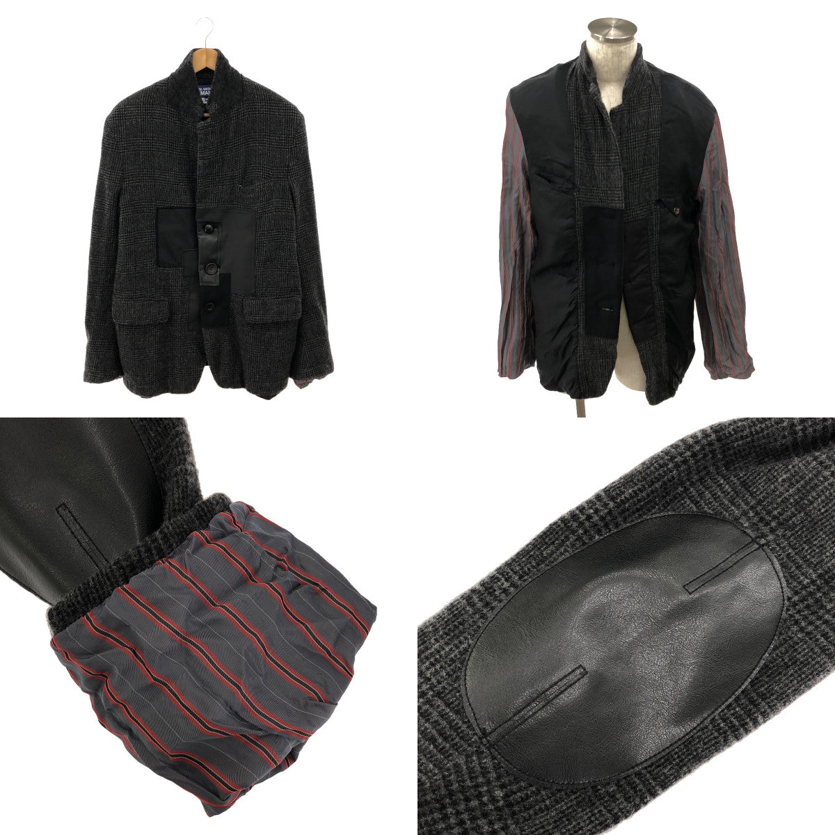 [品相良好] JUNYAWATANABE COMME des GARCONS MAN / Junya Watanabe Man | 2023秋冬 |羊毛縮水混合材質切換肘部補丁單排扣夾克 / 全襯裡 | M |灰色/黑色 |男士