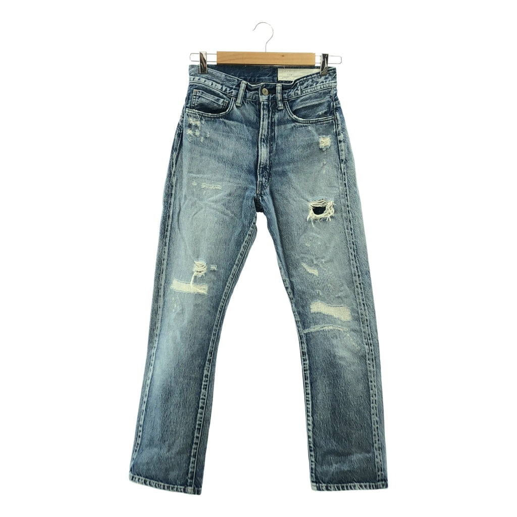 KURO / 크로 | 데미지 가공 소가죽 가죽 로고 패치 세르빗치 데님 팬츠 | 27 |