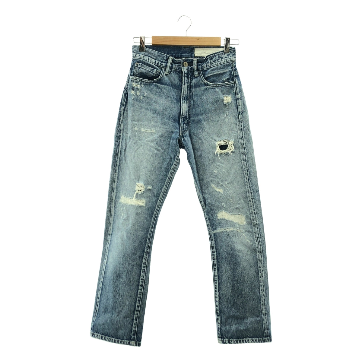 KURO / クロ | ダメージ加工 牛革 レザーロゴパッチ セルビッチ デニムパンツ | 27 | レディース