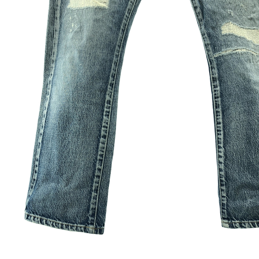 KURO / 크로 | 데미지 가공 소가죽 가죽 로고 패치 세르빗치 데님 팬츠 | 27 |