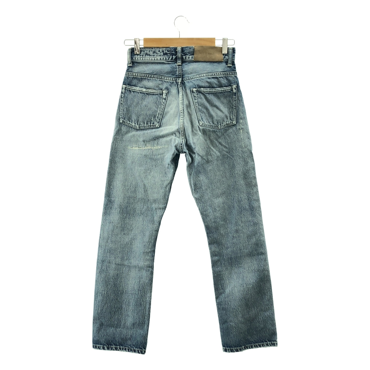 KURO / クロ | ダメージ加工 牛革 レザーロゴパッチ セルビッチ デニムパンツ | 27 | レディース