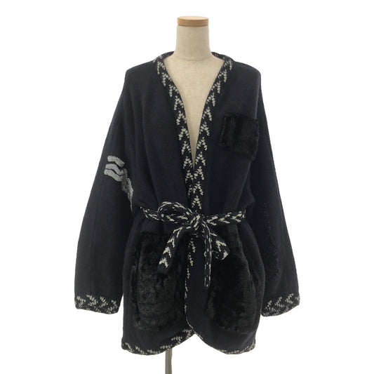 Mame Kurogouchi | 2022AW | Jomon pattern knit robe coat with belt | 2 | Navy | Women's