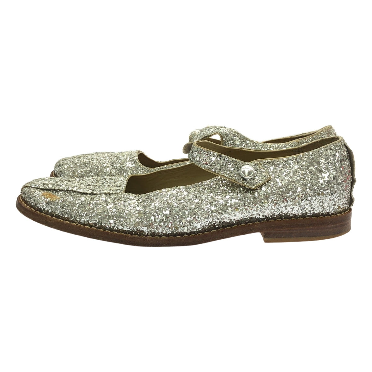 tricot COMME des GARCONS / トリココムデギャルソン | レザー グリッター ストラップ フラットシューズ | 23 1/2 | シルバー | レディース