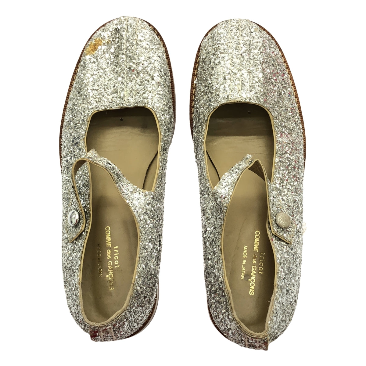 tricot COMME des GARCONS / トリココムデギャルソン | レザー グリッター ストラップ フラットシューズ | 23 1/2 | シルバー | レディース