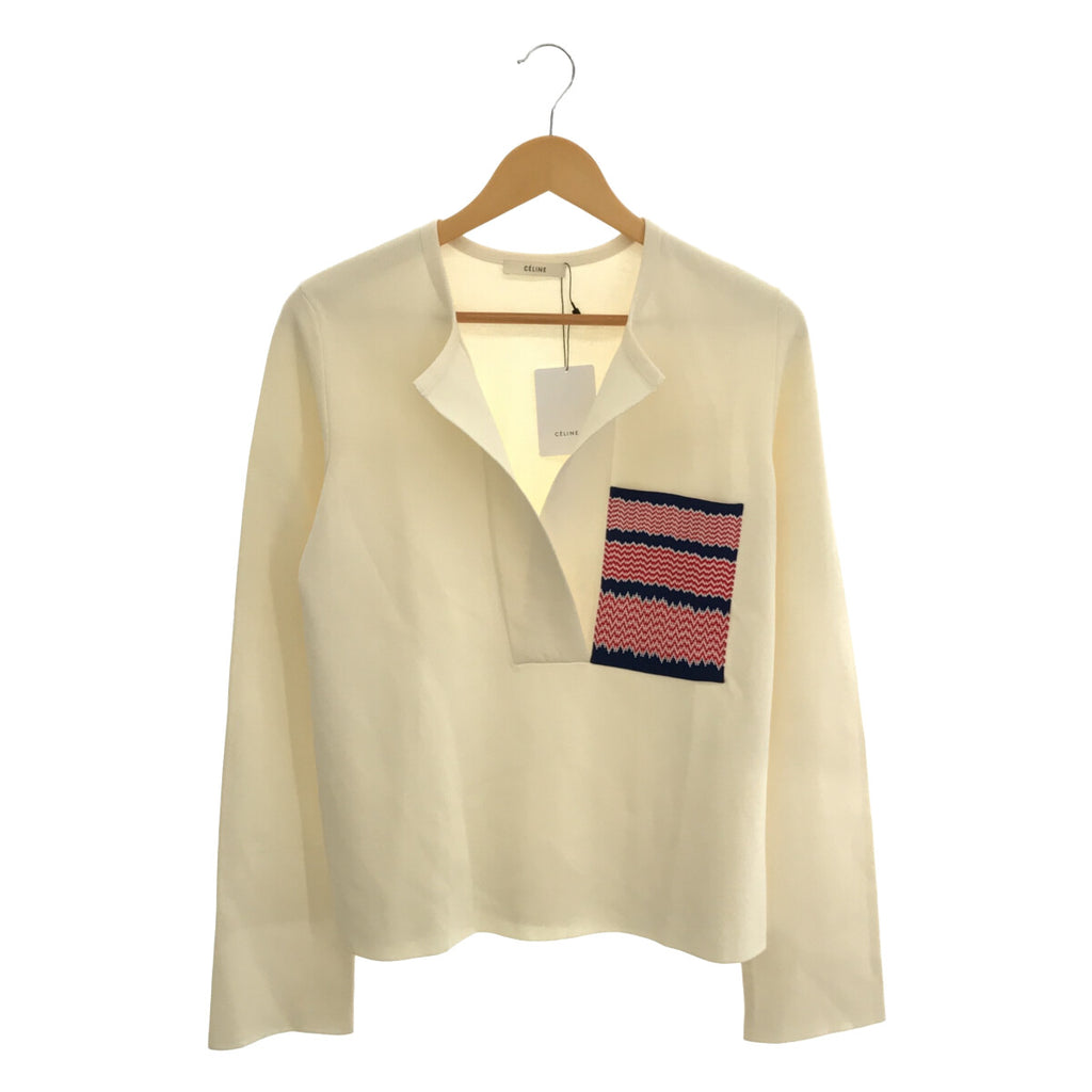 [新品] CELINE |菲比時期胸袋V領針織| S |米白色 |女的
