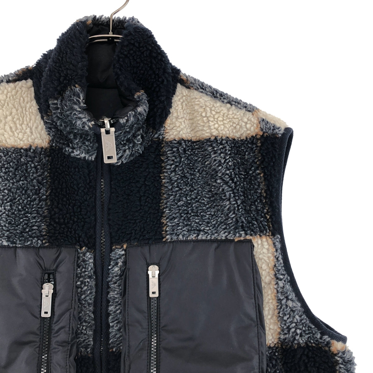 EMPORIO ARMANI / エンポリオアルマーニ | リバーシブル 異素材 切替 ボア ロゴジップ ベスト | 48 | メンズ