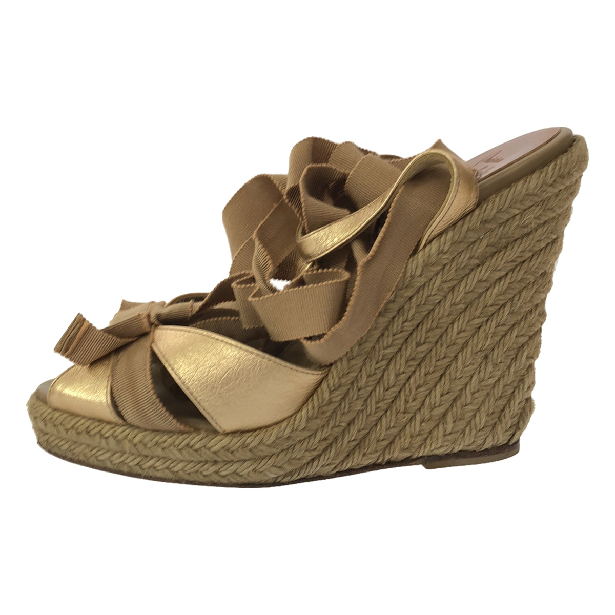 Christian Louboutin | Ribbon Strap Espadrille Wedge Sandals | Size 35 | Beige | Women's