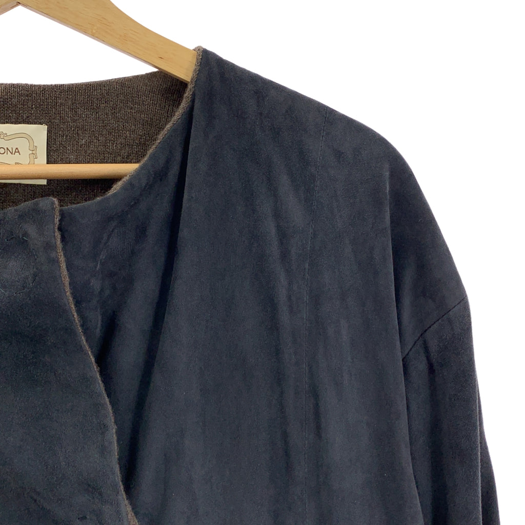 AGNONA / アニオナ | レザー マグネットボタン ロングコート | ネイビー/ブラウン | レディース