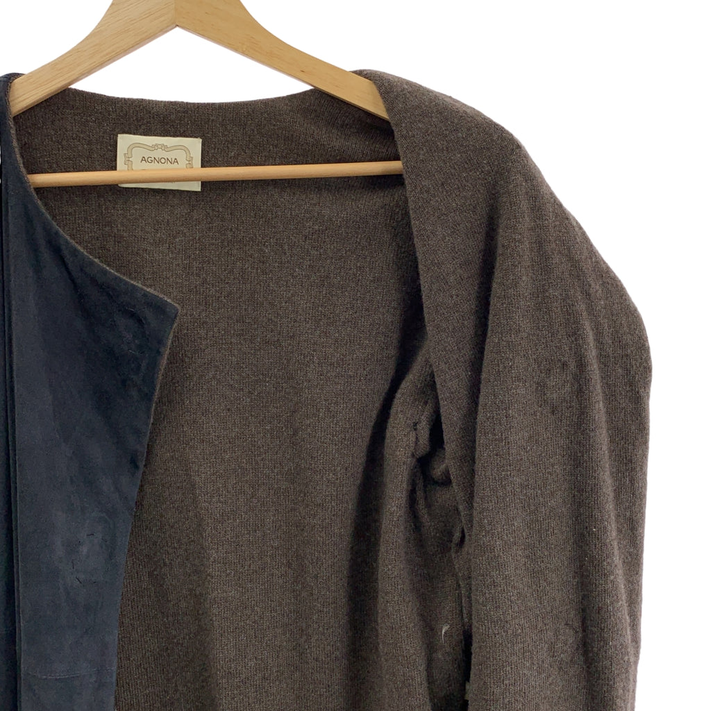 AGNONA / アニオナ | レザー マグネットボタン ロングコート | ネイビー/ブラウン | レディース