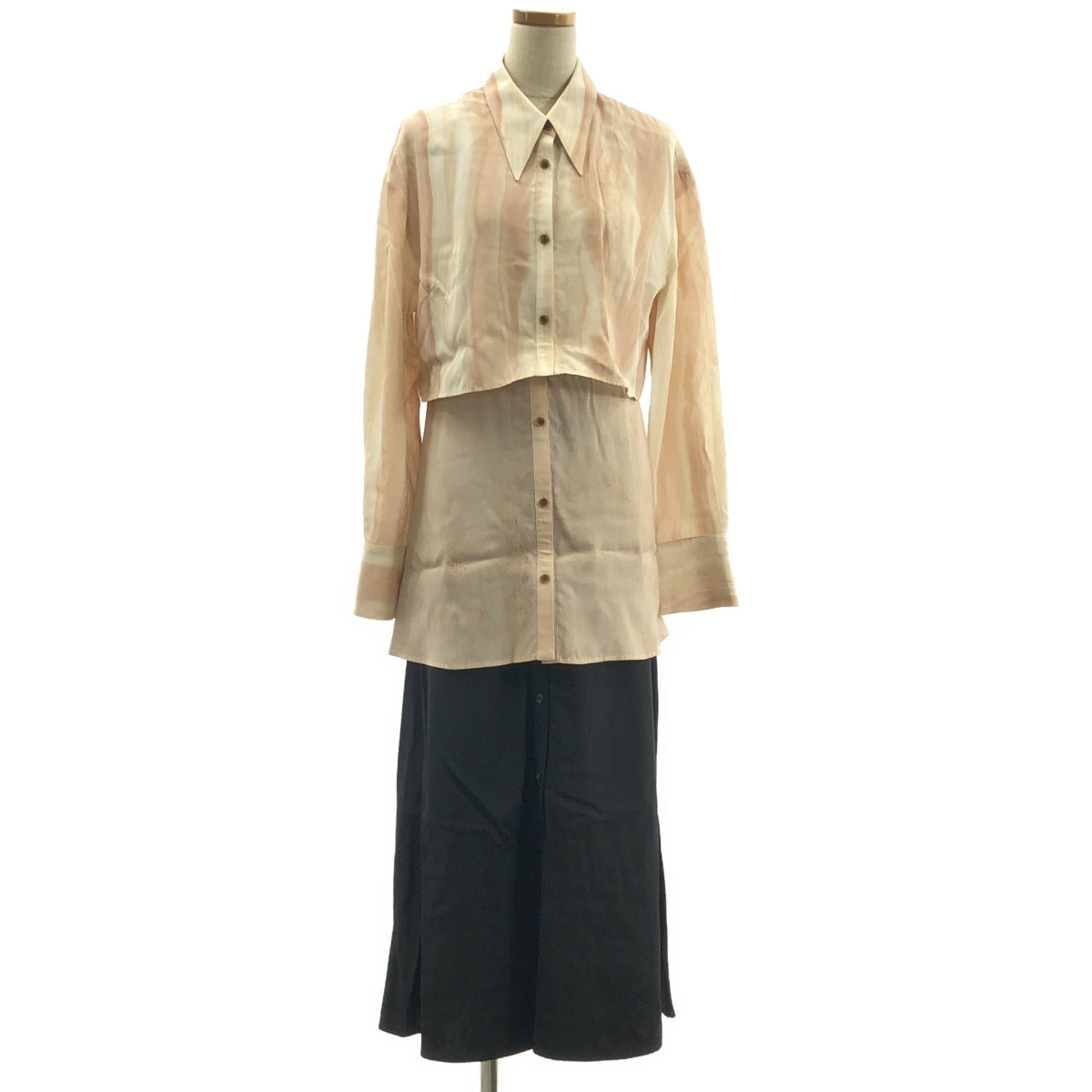 AKIRANAKA / 아키라 나카 | Marble tiered dress 대리석 프린트 레이어드 셔츠 원피스 | 2 | 핑크 베이지 / 블랙 | 여성