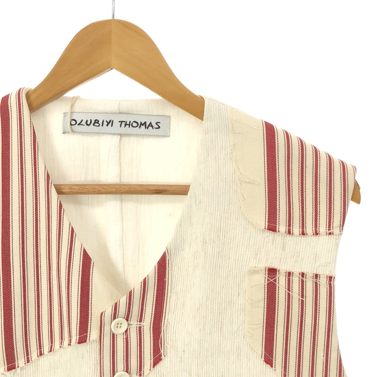 [New] OLUBIYI THOMAS | 2023SS | Train driver vest patchwork striped mixed material vest | 2 | Red / Off-white | Men's