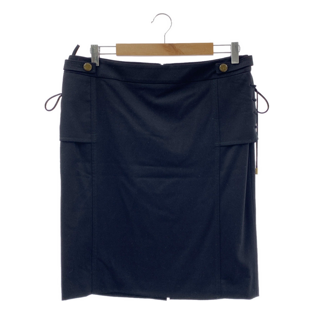 GUCCI | 羊毛標誌扣繫帶後拉鍊開衩裙 / 全襯裡 | 尺寸 46 | 黑色 | 女款