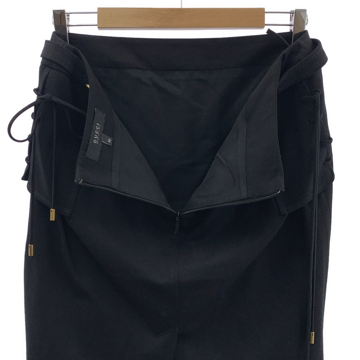 GUCCI | 羊毛標誌扣繫帶後拉鍊開衩裙 / 全襯裡 | 尺寸 46 | 黑色 | 女款